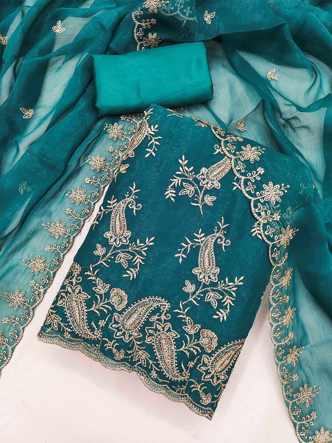 Women's Shimmer Silk Unstitched Dress Material With Embroidery Work