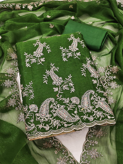 Women's Shimmer Silk Unstitched Dress Material With Embroidery Work