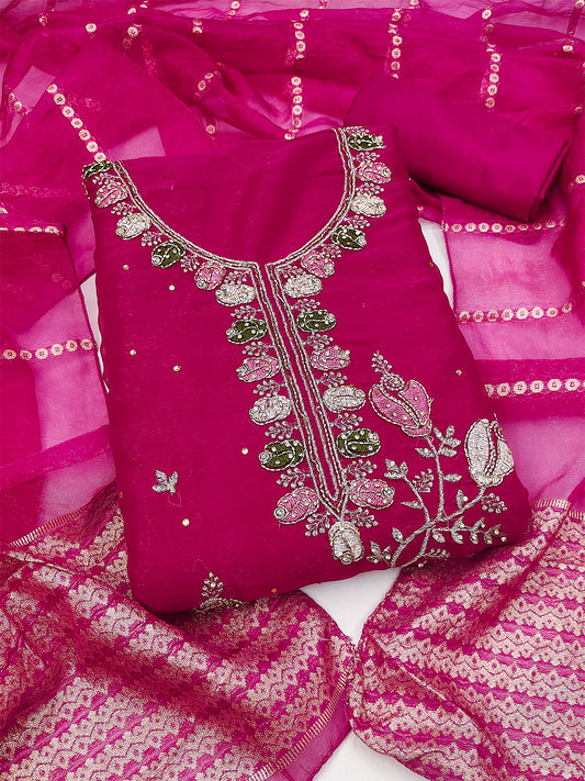 Women's Shimmer Silk Unstitched Dress Material With Embroidery Work