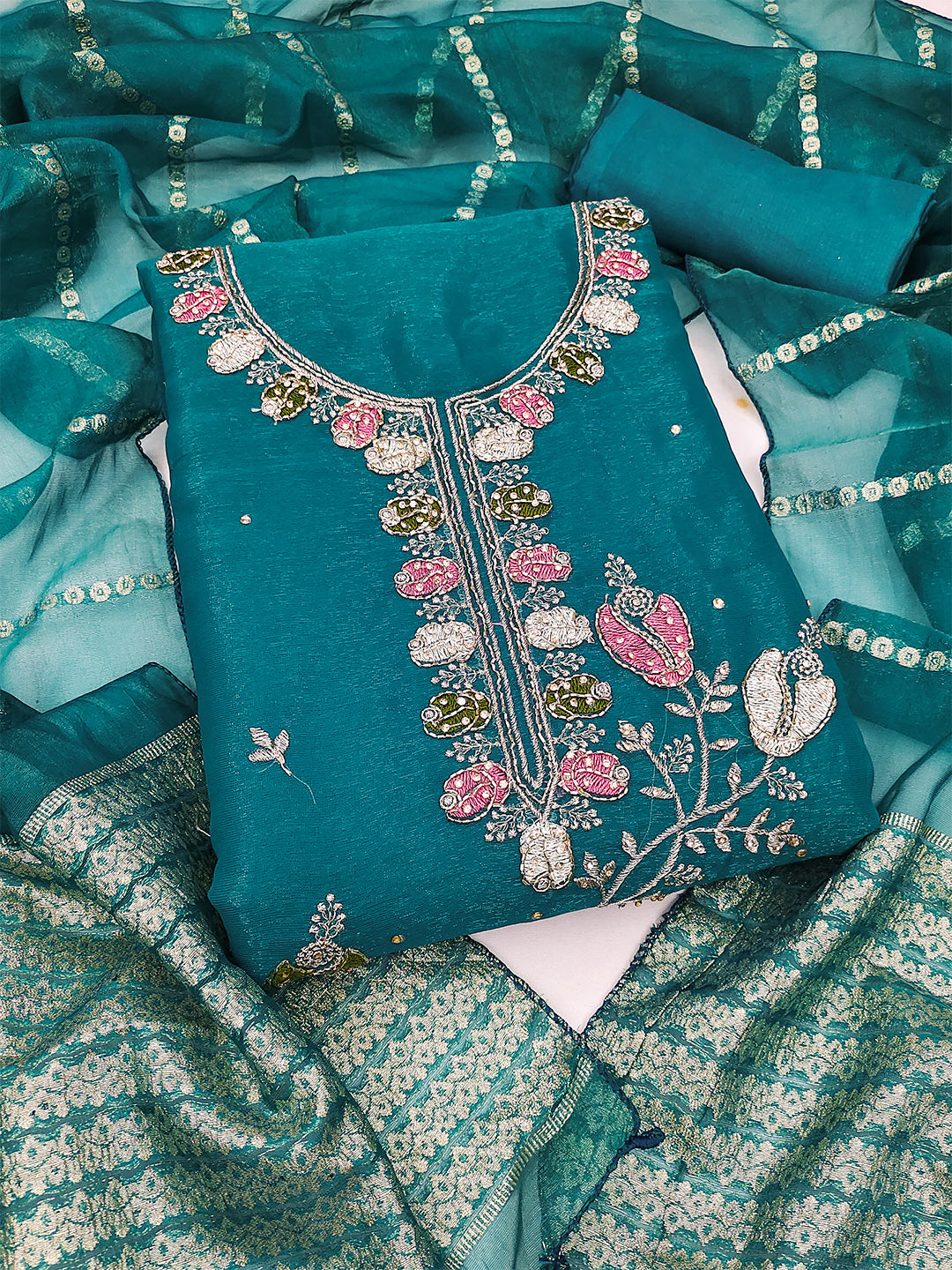 Women's Shimmer Silk Unstitched Dress Material With Embroidery Work