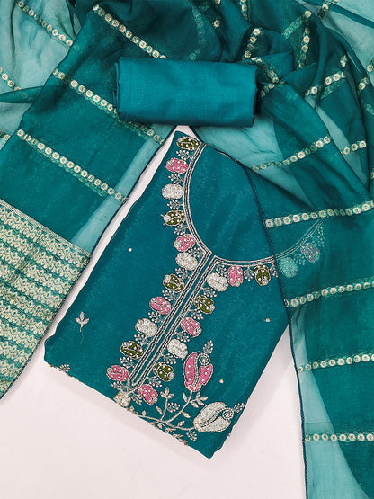 Women's Shimmer Silk Unstitched Dress Material With Embroidery Work