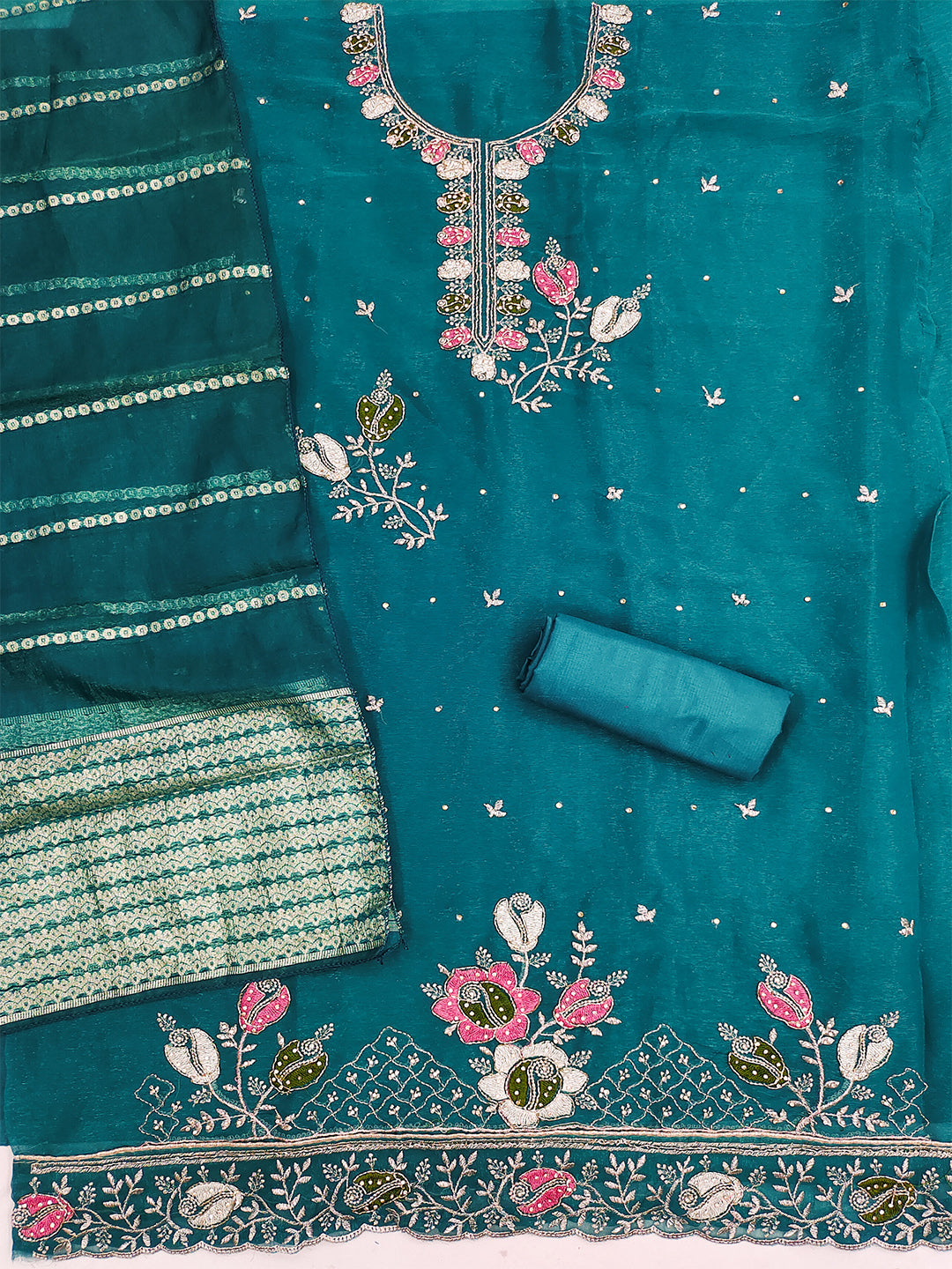Women's Shimmer Silk Unstitched Dress Material With Embroidery Work