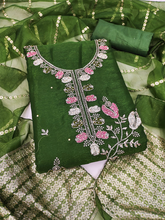 Women's Shimmer Silk Unstitched Dress Material With Embroidery Work