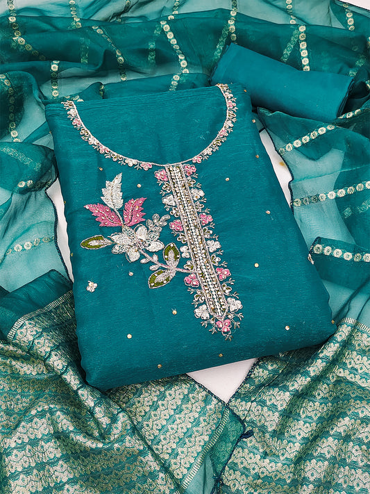 Women's Shimmer Silk Unstitched Dress Material With Embroidery Work