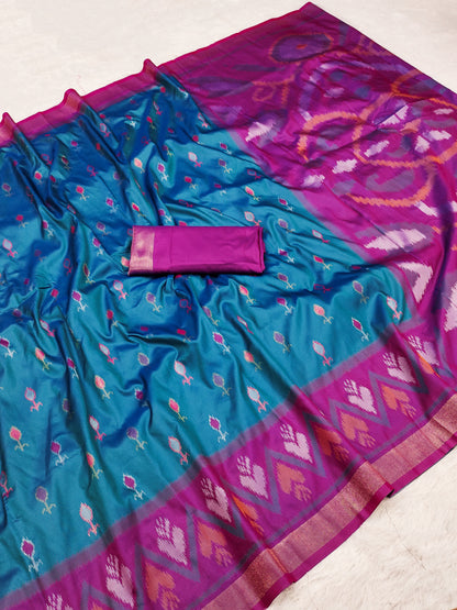 Women's Ikkat Silk Blend Saree With Unstitched Blouse Piece