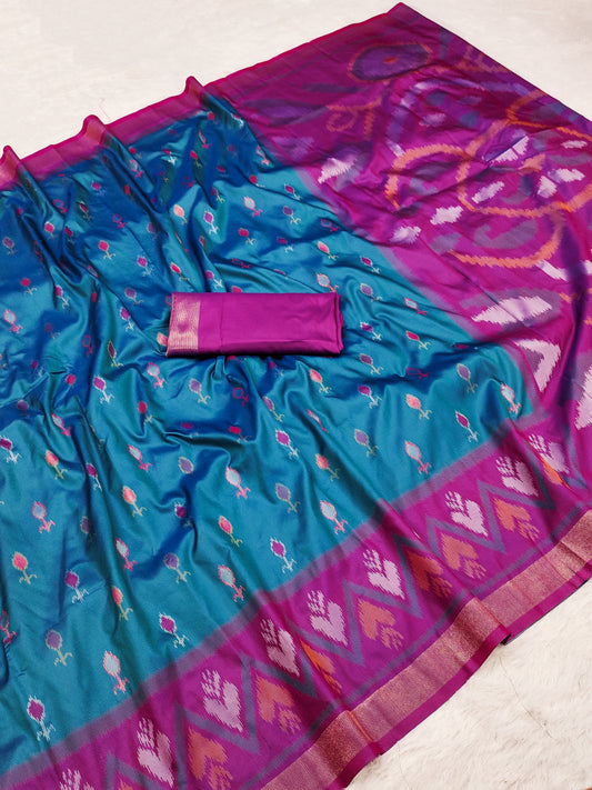 Women's Ikkat Silk Blend Saree With Unstitched Blouse Piece
