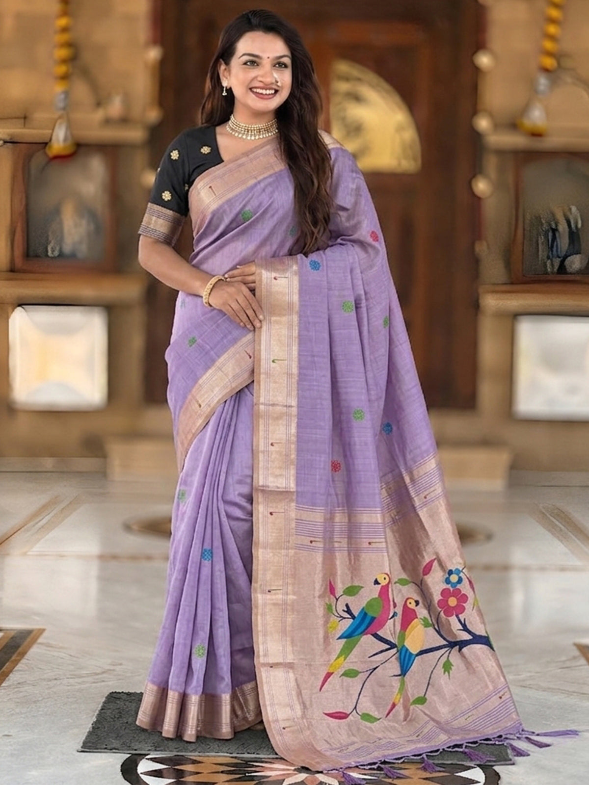 Women's Cotton Paithani Saree With Unstitched Blouse Piece