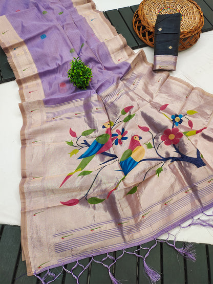 Women's Cotton Paithani Saree With Unstitched Blouse Piece