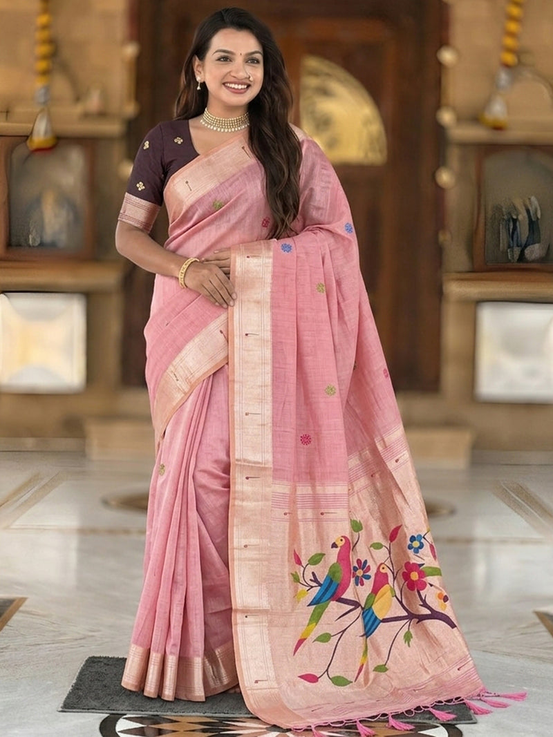 Women's Cotton Paithani Saree With Unstitched Blouse Piece