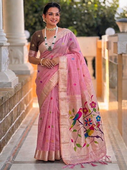 Women's Cotton Paithani Saree With Unstitched Blouse Piece