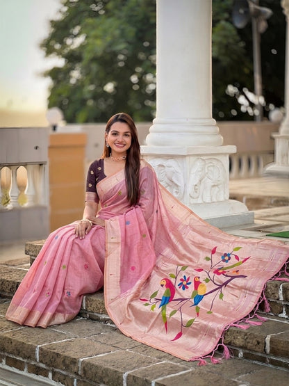 Women's Cotton Paithani Saree With Unstitched Blouse Piece