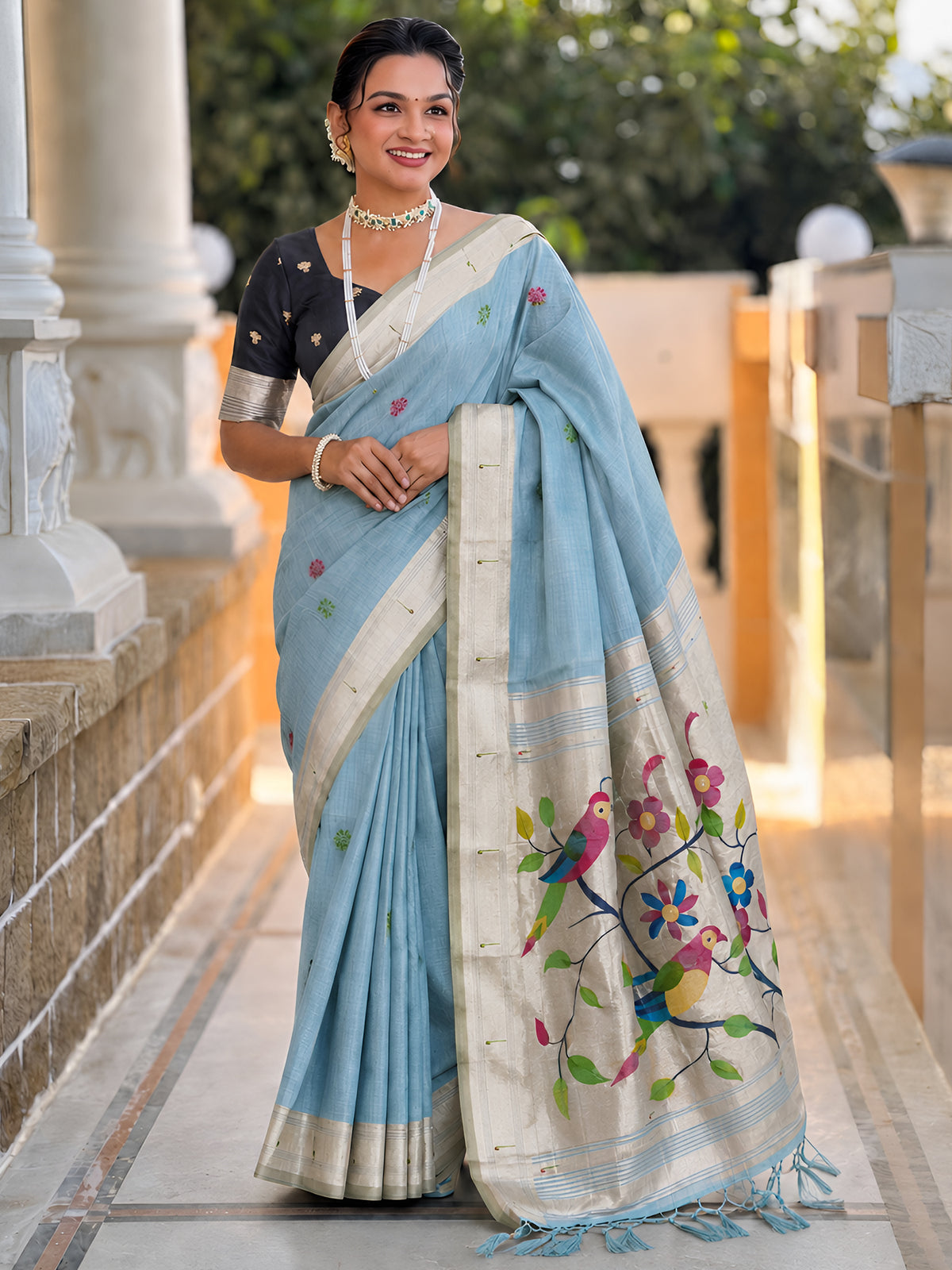 Women's Cotton Paithani Saree With Unstitched Blouse Piece
