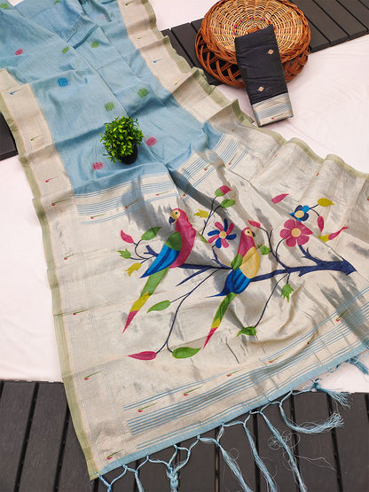 Women's Cotton Paithani Saree With Unstitched Blouse Piece