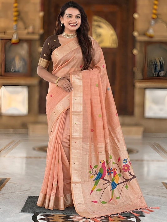 Women's Cotton Paithani Saree With Unstitched Blouse Piece