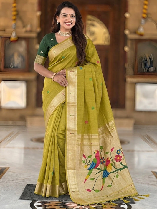 Women's Cotton Paithani Saree With Unstitched Blouse Piece