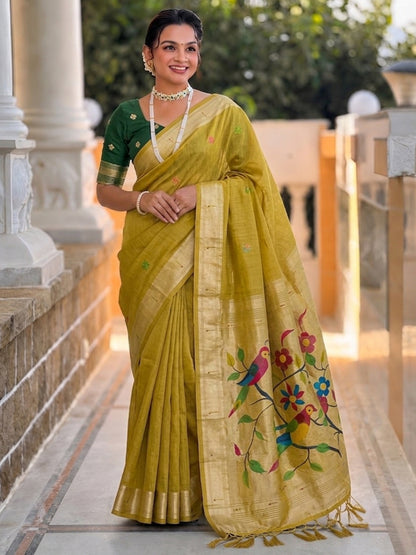 Women's Cotton Paithani Saree With Unstitched Blouse Piece
