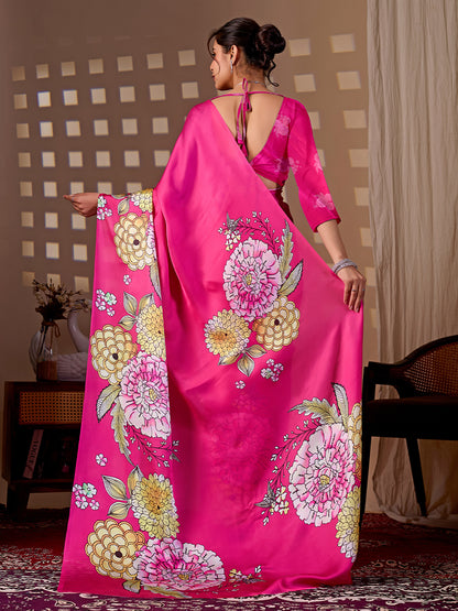 Women's Satin Georgette Saree With Unstitched Blouse Piece