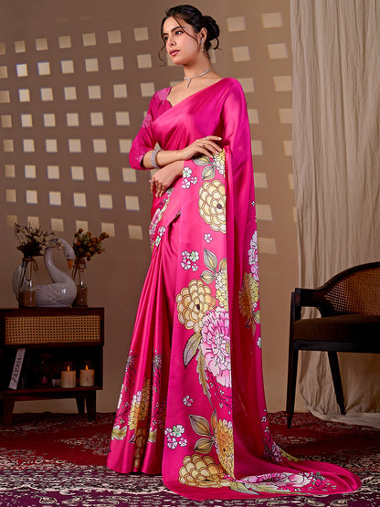 Women's Satin Georgette Saree With Unstitched Blouse Piece