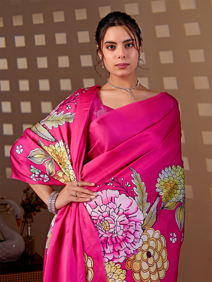 Women's Satin Georgette Saree With Unstitched Blouse Piece