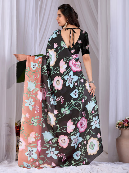 Women's Satin Georgette Saree With Unstitched Blouse Piece