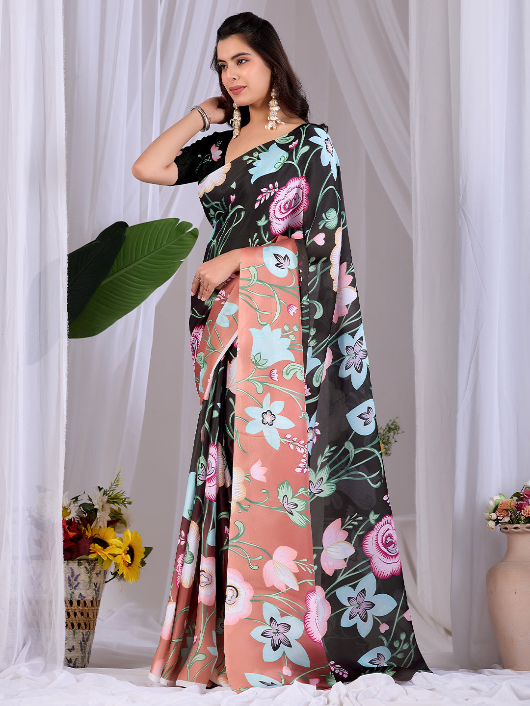 Women's Satin Georgette Saree With Unstitched Blouse Piece