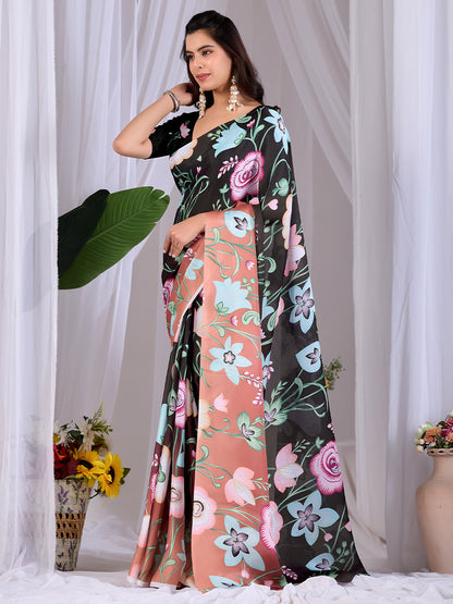Women's Satin Georgette Saree With Unstitched Blouse Piece