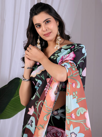 Women's Satin Georgette Saree With Unstitched Blouse Piece