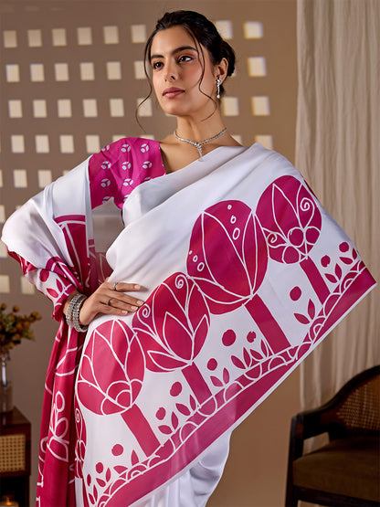 Women's Satin Georgette Saree With Unstitched Blouse Piece
