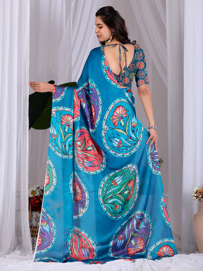 Women's Satin Georgette Saree With Unstitched Blouse Piece