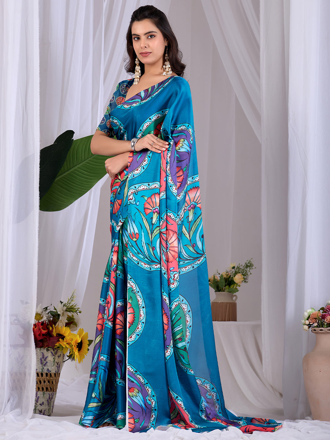 Women's Satin Georgette Saree With Unstitched Blouse Piece