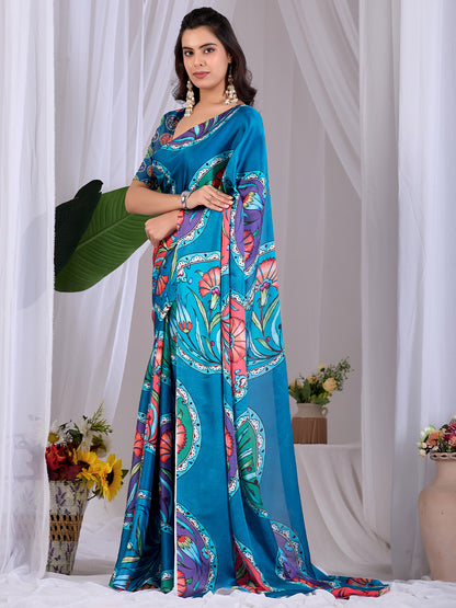 Women's Satin Georgette Saree With Unstitched Blouse Piece