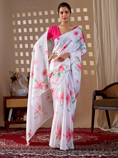 Women's Satin Georgette Saree With Unstitched Blouse Piece