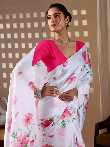 Women's Satin Georgette Saree With Unstitched Blouse Piece