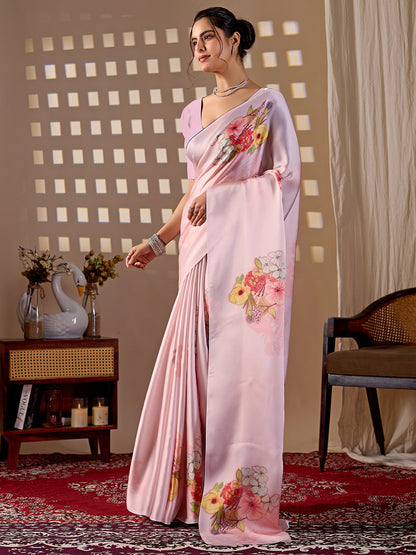 Women's Satin Georgette Saree With Unstitched Blouse Piece