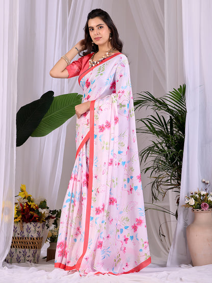 Women's Satin Georgette Saree With Unstitched Blouse Piece