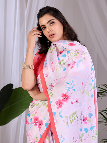 Women's Satin Georgette Saree With Unstitched Blouse Piece