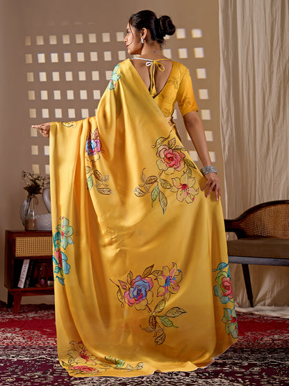 Women's Satin Georgette Saree With Unstitched Blouse Piece