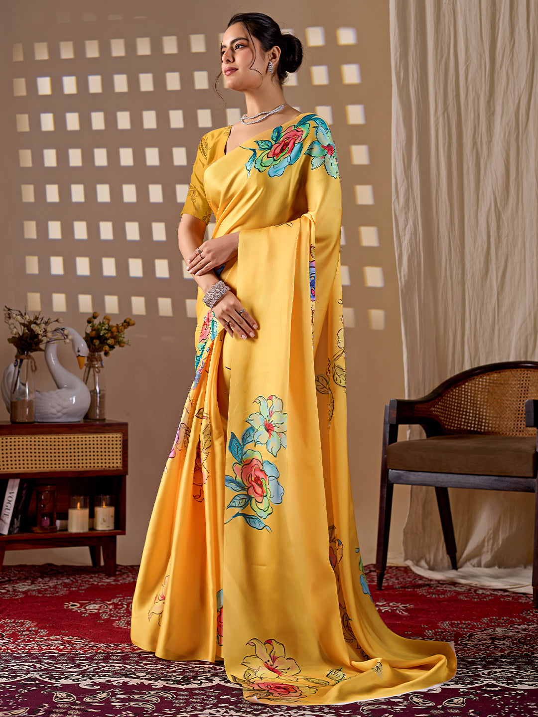 Women's Satin Georgette Saree With Unstitched Blouse Piece