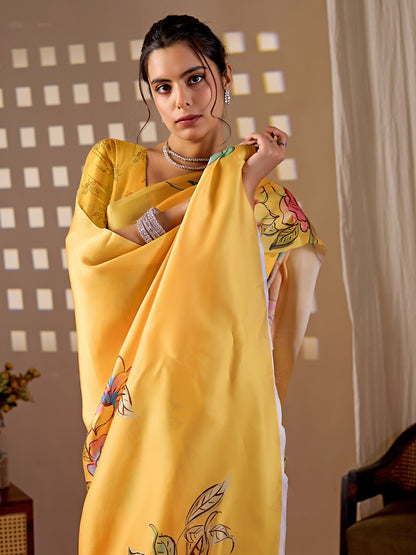 Women's Satin Georgette Saree With Unstitched Blouse Piece