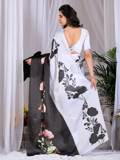 Women's Satin Georgette Saree With Unstitched Blouse Piece