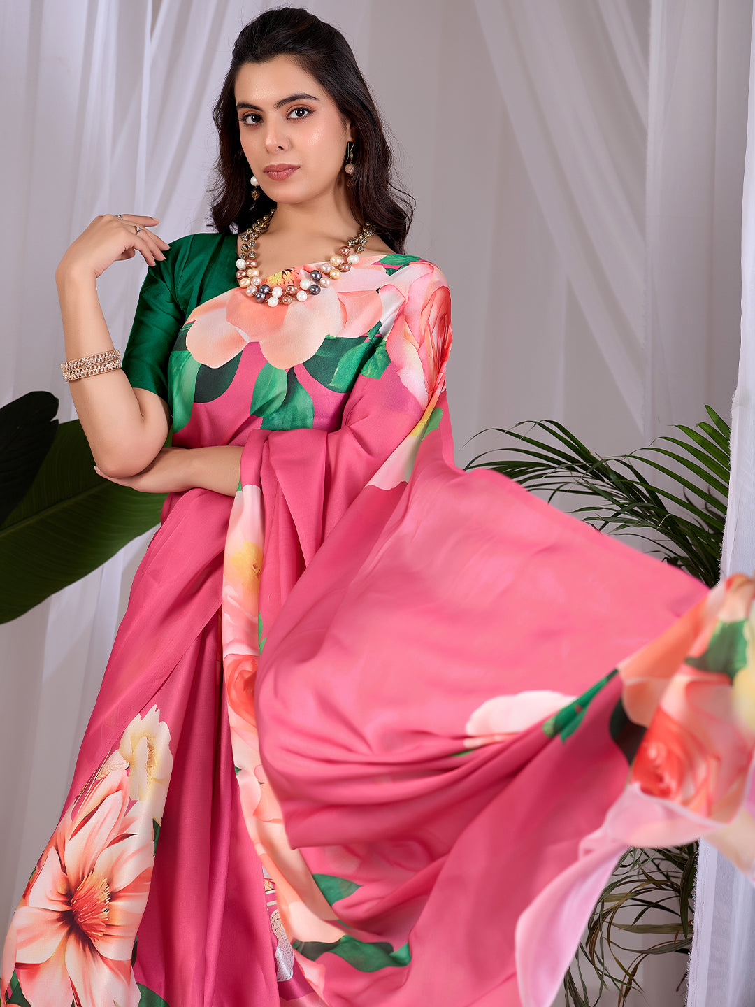 Women's Satin Georgette Saree With Unstitched Blouse Piece