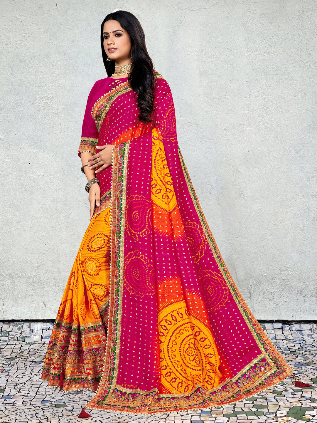 Women's Dola Silk Bandhani Saree With Blouse Piece