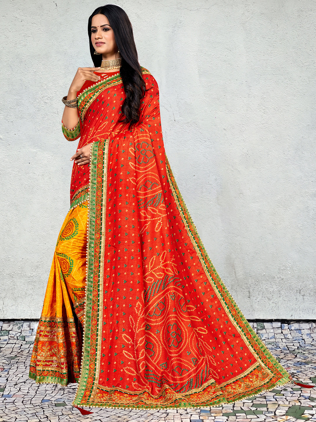 Women's Dola Silk Bandhani Saree With Blouse Piece