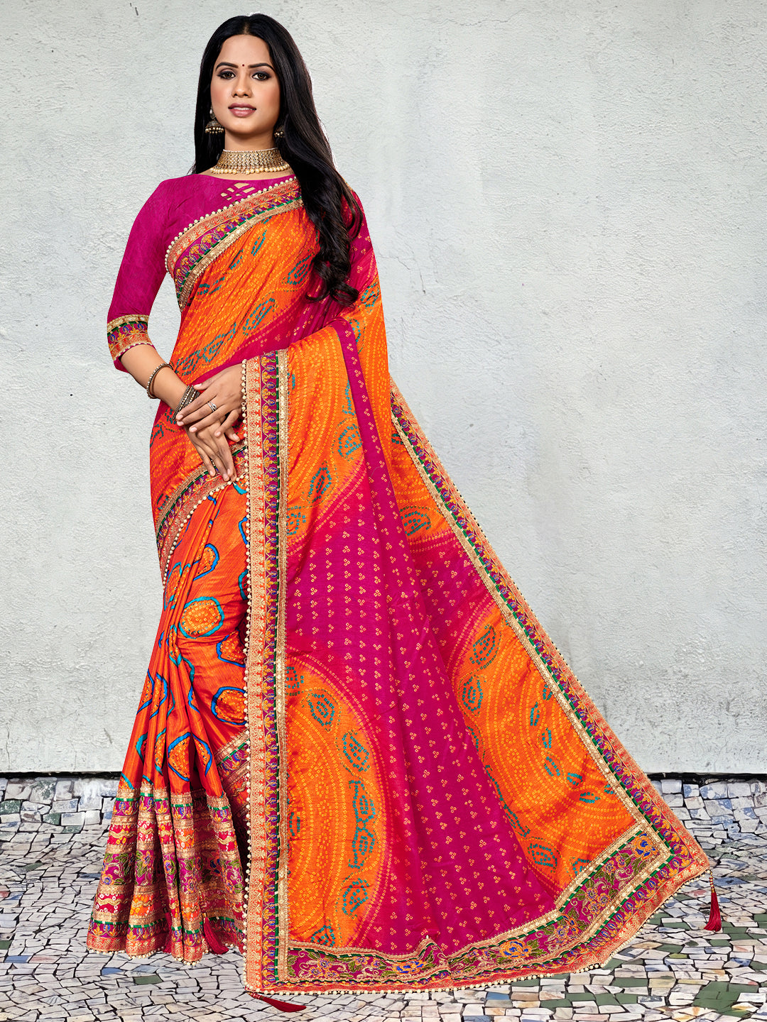 Women's Dola Silk Bandhani Saree With Blouse Piece