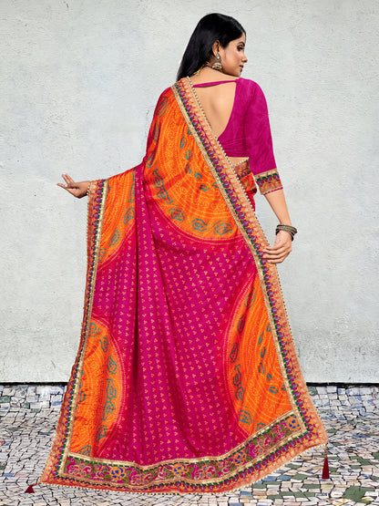 Women's Dola Silk Bandhani Saree With Blouse Piece