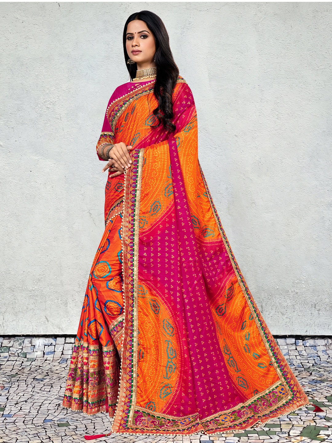 Women's Dola Silk Bandhani Saree With Blouse Piece