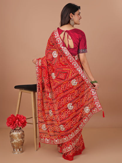 Women's Georgette Bandhani Saree With Unstitched Blouse Piece