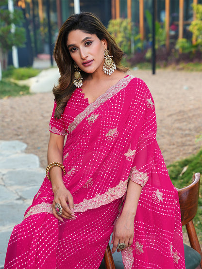 Women's Georgette Leheriya Saree With Unstitched Blouse Piece