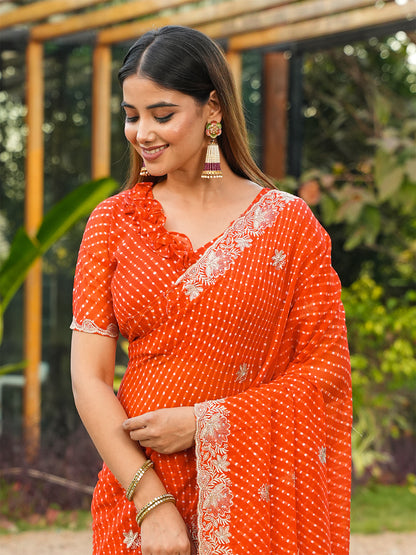 Women's Georgette Leheriya Saree With Unstitched Blouse Piece