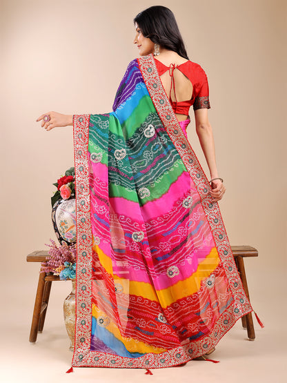 Women's Georgette Bandhani Saree With Unstitched Blouse Piece